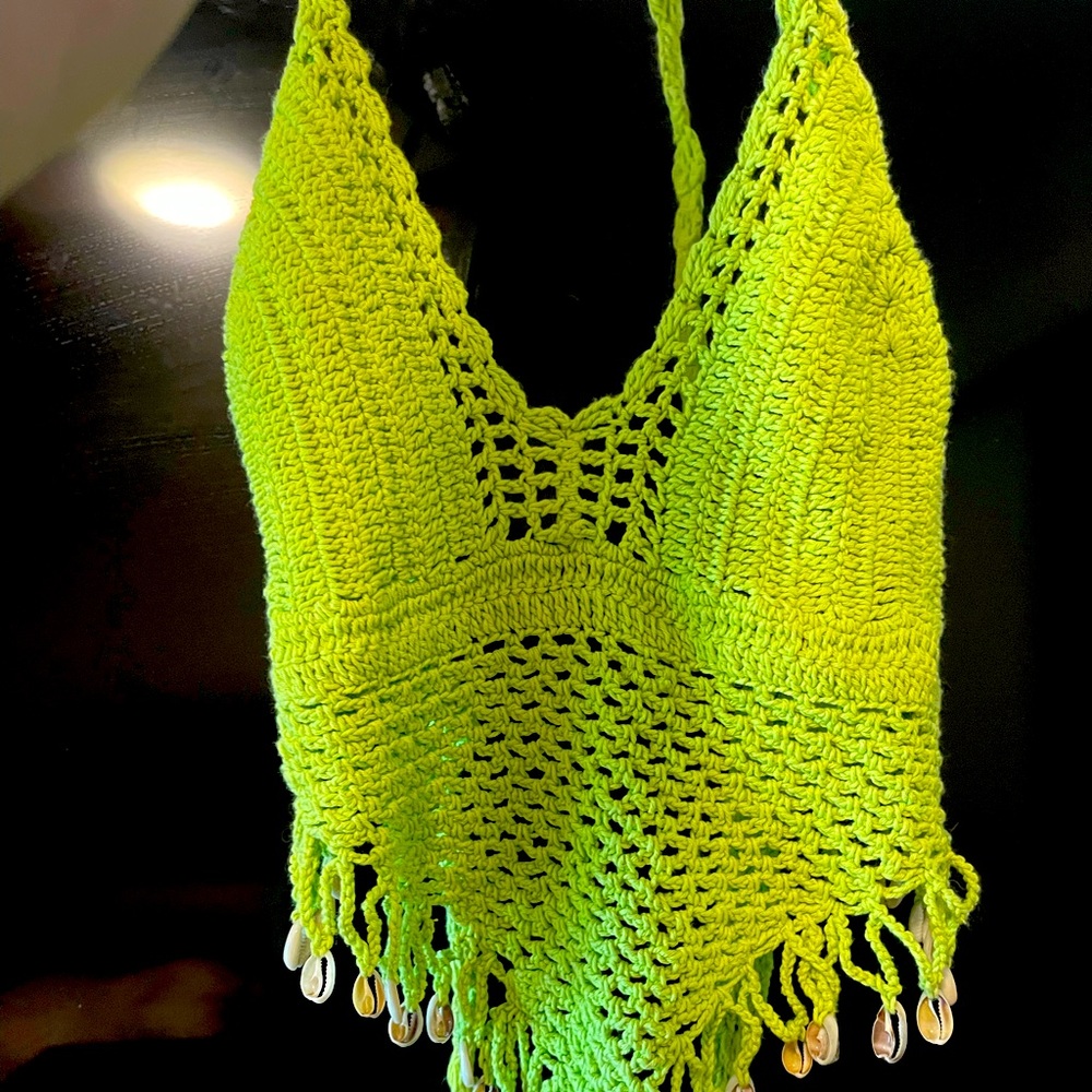 Handmade halter crochet green knit top with seashells, small, open halter back